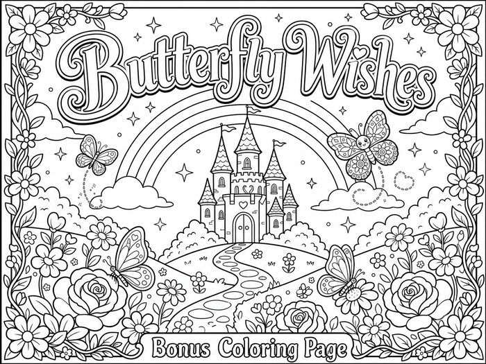 Free Butterfly Wishes bonus coloring page with a castle, rainbow, flowers and butterflies