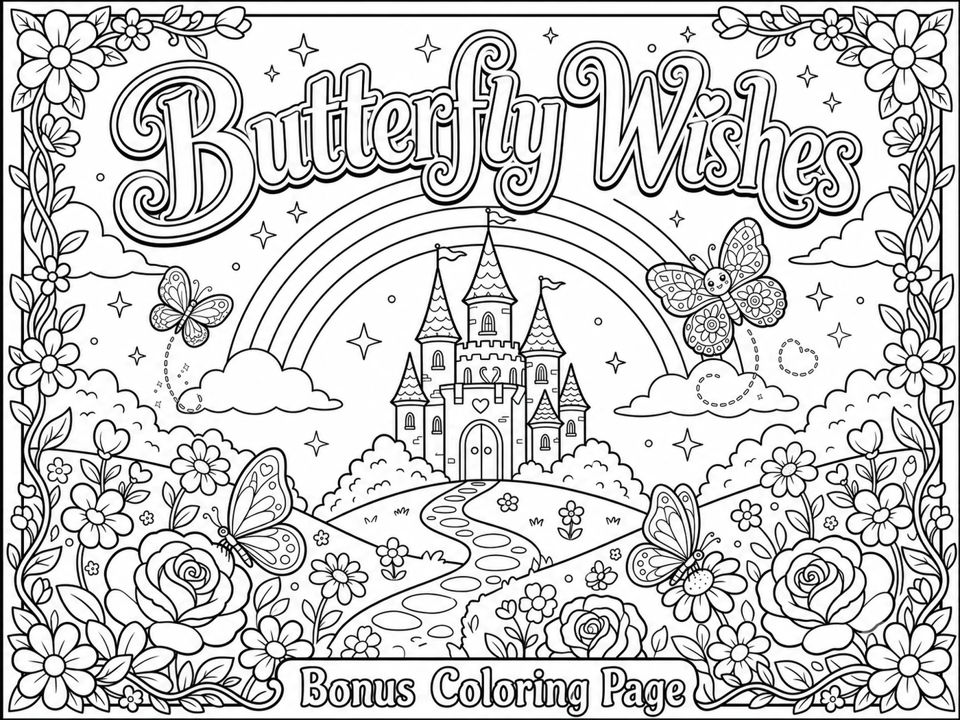 Free Butterfly Wishes bonus coloring page with a castle, rainbow, flowers and butterflies