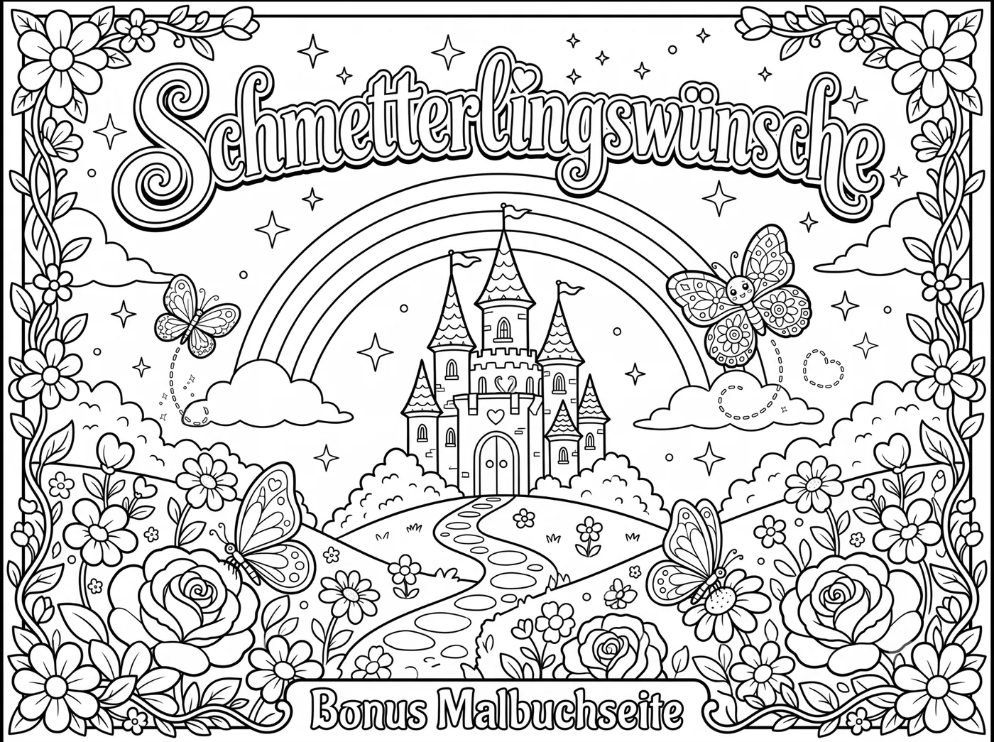 Kostenlose Bonus-Ausmalseite mit Schloss, Regenbogen, Blumen und Schmetterlingen