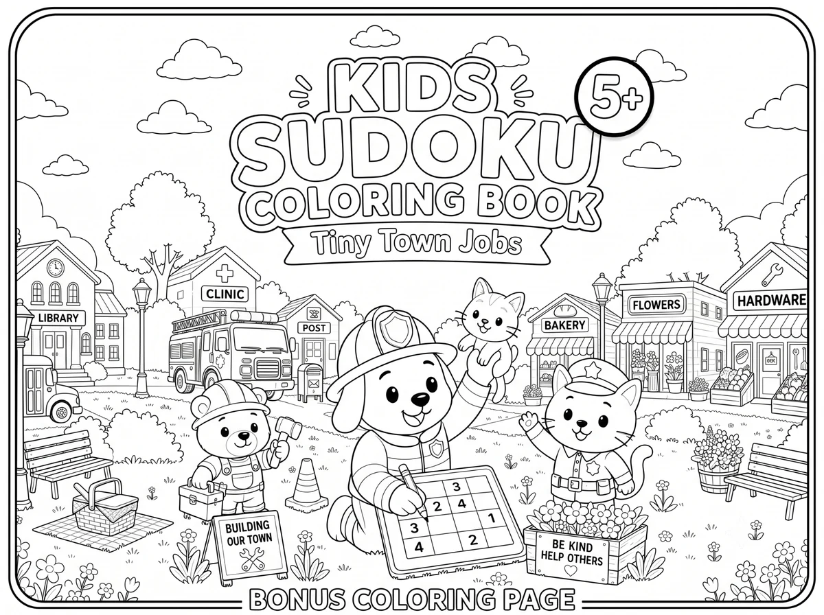 Preview of the free Tiny Town Jobs coloring page