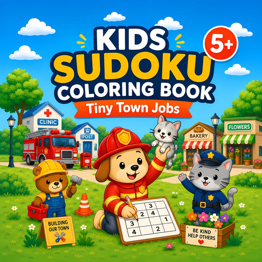 Kids Sudoku Coloring Book Tiny Town Jobs paperback cover